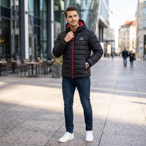 Veste matelassée noire pour homme avec doublure rouge, veste d'hiver à capuche, ONEAPEX, vente en gros, manteau chaud pour l'extérieur - Product Image 3