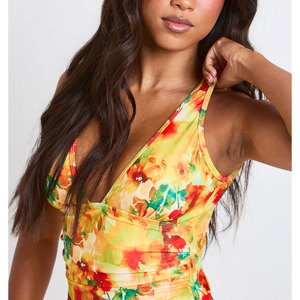 Maillot de bain une pièce imprimé floral pour femme, col en V profond, froncé, coupe haute, grande taille, extensible, tricoté, pour la plage - Product Image 3