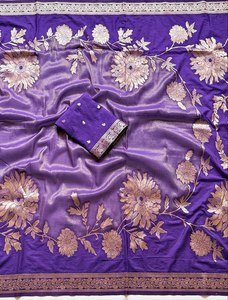 Sari de créateur pour femme en crêpe de Khaddi de qualité supérieure, en tissu Chinya scintillant, tissage jacquard, teint à la main, couleur unie - Product Image 2