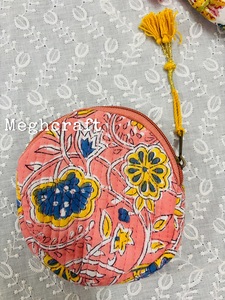 Womens Multi-Functional Cotton Quilted Boho Round <b>Mini</b> Bag Eco- Friendly <b>Pouch</b> With Zipper Closure for Coins And Earphones - Product Image 3