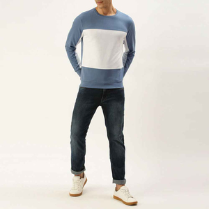 Sweat-shirt à col rond pour homme, couleur contrastée, manches longues, tricoté, décontracté, coupe classique, bleu et blanc - Product Image 2