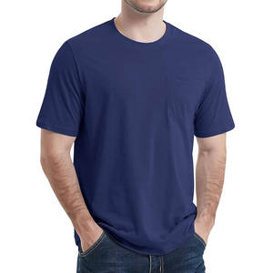 Camiseta de algodón negra para hombre, manga corta, cuello redondo, con bolsillo, informal, corte regular, color liso, tejido de punto. - Product Image 4