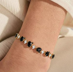 Oval Cut Black Onyx <b>Charm</b> Bracelet in 925 Sterling <b>Silver</b> Gold Plated Elegant Black Gemstone Luxury Statement Jewelry - Product Image 3