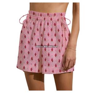 Shorts de week-end à cordon de serrage imprimés Dabu pour femme, en coton, style loungewear d'été, imprimé bloc, pour la plage - Product Image 4