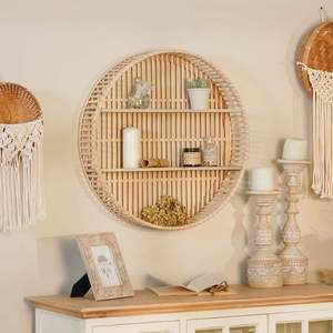 Vintage Circular Rattan <b>wall</b>-<b>mounted</b> <b>shelf</b> 2 Tier Bamboo Floating <b>Shelf</b> Bathroom Towel Cosmetic Storage Living Room Plant Holder - Product Image 4