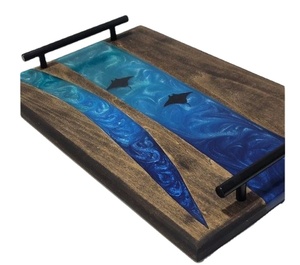 Bandeja de servicio de desayuno de comida de serpiente moderna personalizada, venta al por mayor de lujo, madera de acacia y resina azul con mango de Metal para bandeja de cocina - Product Image 2
