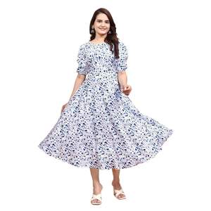 TRABAJO DE IMPRESIÓN DIGITAL DE SEDA DE MANTEQUILLA MÁS RECOGIDA ANARKALI VESTIDO AZUL - Product Image 1