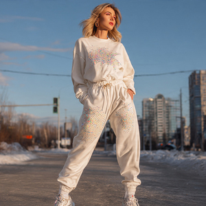 Pantalones de chándal de felpa francesa 100% algodón con pedrería para mujer, joggers de streetwear, pantalones de pijama de invierno con pedrería - Product Image 3