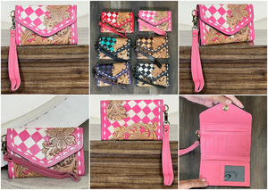 Trending Pink Tooled Checkered Leather Floral Design Women Clutch RFID Genuine Leather Cash & Card Holder Wallet for Daily Use - Product Image 3