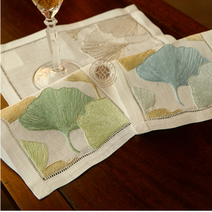 Pastel leaf embroidered cocktail napkin, <b>artistic</b> and durable, soothing style for elegant hosting. - Product Image 1