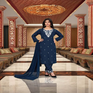 Vêtements ethniques en soie romaine avec broderie de sequins, pantalon, kurti et dupatta, achat en ligne en Inde, approvisionnement en gros d'usine - Product Image 1