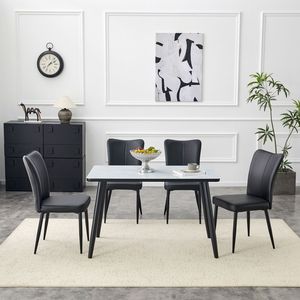 Tavolo da Pranzo Moderno Bianco con Effetto Marmo, Piano in Vetro, Base in MDF Nero e Gambe in Metallo Nero, Set Tavolo e Sedie - Product Image 1