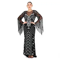 Robe de soirée noire de luxe, robe de bal à manches longues ornée de perles style Art Déco, robe longue vintage des années 20 Gatsby pour femmes