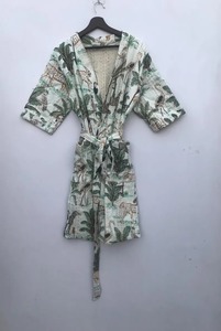 Women's Handmade Cotton <b>Kimono</b> Bathrobe V-neck Long Sleeve Midi Length Japan Style Floral Print Sexy <b>Beach</b> Wear - Product Image 2