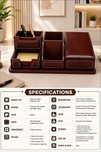 Premium PU Leather Desk Organizer with Mobile Stand, Pen Holder & <b>Memo</b> <b>Pad</b> Holder | Office Table Organizer | Brown - Product Image 2
