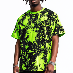 T-shirt tendance chic surdimensionné en coton doux imprimé à l'encre artistique vert néon noir, streetwear décontracté pour hommes - Product Image 4
