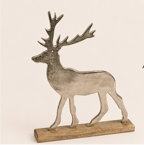 Figurine de renne moderne en aluminium argenté avec base en bois de manguier naturel, sculpture de cerf en métal artisanale pour la décoration de Noël à la maison - Product Image 5
