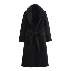 Women's <b>Wool</b> <b>Coat</b> <b>With</b> Faux Fur Collar Long Sleeve <b>Belted</b> Winter Outerwear Solid Color Elegant Design - Product Image 4