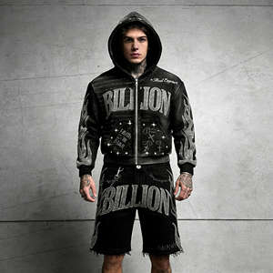 Ensemble sweat à capuche et short personnalisé effet délavé soleil, coupe courte, délavé à l'acide, style streetwear, avec strass et déchirures, fermeture éclair - Product Image 2