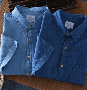 <b>Men's</b> Light Blue Denim Short Sleeve Shirt Regular Fit Turn-down Collar Casual Summer Breathable 100% Cotton Woven Fabric - Product Image 5