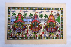 Œuvre d'art artisanale traditionnelle, peinture Pattachitra représentant la Yatra de Jagannath, pour décoration murale intérieure dans le salon. - Product Image 1