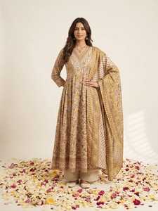 Ensemble Anarkali en coton beige fait main avec dupatta, tenue ethnique traditionnelle pour femme, style printemps-été, imprimé floral - Product Image 4