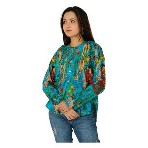 Blusa de Algodón Hecha a Mano para Mujer, Mangas Tres Cuartos, Estilo Boho, Decoración con Botones, Corte Holgado Informal, Blusa Tejida con Estampado Floral para Verano - Product Image 1