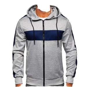 Sudadera con Capucha Gris Personalizada de Alta Calidad con Rayas Azul Marino, Nueva Sudadera Deportiva con Cierre al por Mayor - Product Image 1