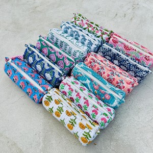 Indian Hand Block Printed Floral Eco-Friendly Greenish Cotton Handled Lightweight <b>Case</b> Quilted <b>Makeup</b> Pencil Travel Wash Zipper - Product Image 4