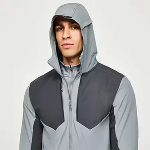 Survêtement gris pour homme avec blocs de couleur, manches longues, capuche, fermeture éclair sur le devant, poches latérales, coupe classique, style sportif décontracté, saison automne - Product Image 5