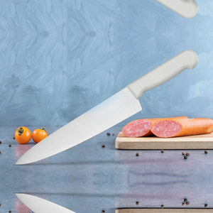 Couteau de boucher à manche blanc avec lame longue et pointue argentée pour trancher la viande, la préparation des aliments, la découpe des saucisses et la cuisson - Product Image 1