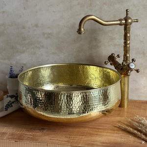 Évier de comptoir rond en laiton martelé, lavabo traditionnel en métal, durable, pour salle de bain domestique - Product Image 5