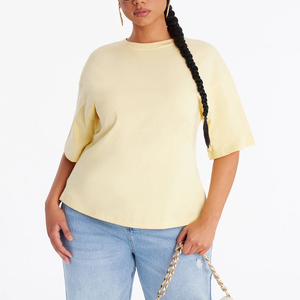 Manufacturer Custom Summer Women's Tee Solid Jersey Beige Crew Neck Long Tail <b>Back</b> Zip Closure <b>Drop</b> Shoulder Short Sleeve TShirt - Product Image 6