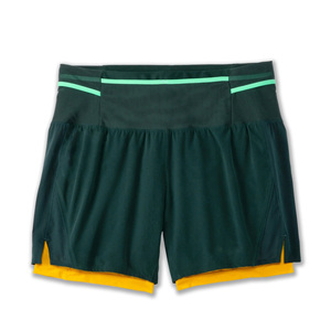 Shorts de sport pour homme à taille haute, double couche, séchage rapide, taille élastique avec poches, bordure verte et jaune - Product Image 1