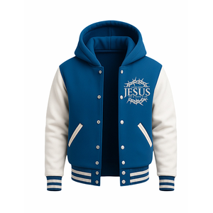 Blouson universitaire à capuche pour homme, écologique, motif Couronne d'épines de Jésus, bleu et blanc, style baseball, avec lettrage chrétien sur le devant, streetwear - Product Image 2