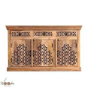 Hand Carved Solid Mango Wood Traditional Farmhouse Sideboard Cabinet Antique Brown <b>6</b> <b>Drawer</b> Storage Console for Living Room - Product Image 4