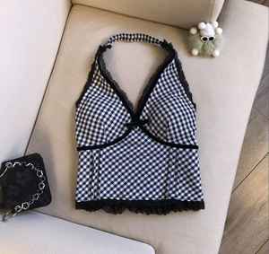 Women's Casual Seamless Halter Neck <b>Built</b>-<b>In</b> <b>Bra</b> Crop Top Lace Trim Gingham Pattern Soft Cotton-Spandex Blend Eco-Friendly - Product Image 4