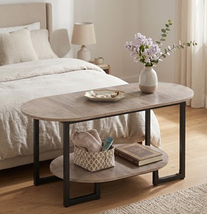 Modern Oval Coffee <b>Table</b> 2 Tier Wooden Lounge Center <b>Table</b> Black Metal Frame Living Room Tea <b>Sofa</b> Side <b>Table</b> Storage Shelf Desk - Product Image 5