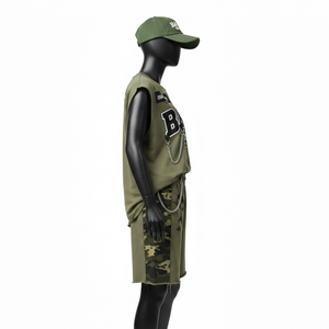 Ensemble court sans manches pour femme 100% coton, molleton de coton premium, vert olive, panneau camouflage, détail chaîne, logo personnalisé imprimé à l'écran - Product Image 5