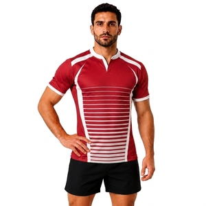 Maillot de rugby rayé rouge et blanc pour homme, manches courtes, col en V, évacuation de l'humidité, coupe ajustée, vêtements de sport toutes saisons - Product Image 1