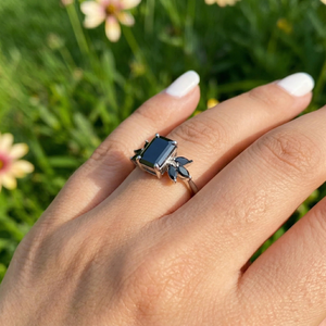 Bague en argent 925 avec diamant naturel noir taille émeraude qualité AAA, sertie de griffes, motif floral, pour mariée, unisexe, fiançailles, mariage, fête, cadeau - Product Image 6