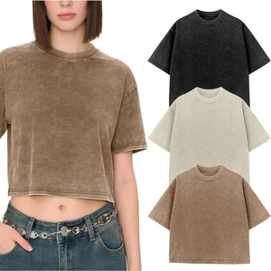 เสื้อครอปท็อปสีน้ำตาลสไตล์วินเทจสำหรับผู้หญิง ทรงบ็อกซี่ ล้างสีแบบมิเนอรัล ขายส่ง เสื้อยืดฤดูร้อน - Product Image 1