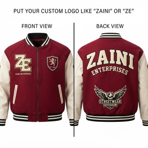 ZAINI 450 GSM Wool Blend PU <b>Leather</b> Sleeve Maroon White Panel Windproof Stand Collar High Street Style Custom Chenille <b>Jacket</b> - Product Image 1