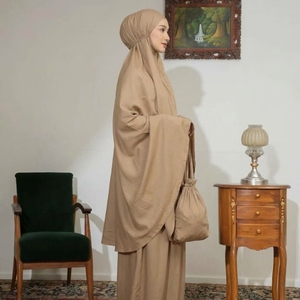 Ensemble de prière musulman de luxe en rayonne douce 100% de qualité supérieure pour femme, couleur unie kaki beige, Mukena Khimar, Vêtements islamiques, Robe en gros avec sac - Product Image 2
