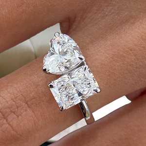 Toi Moi Moissanite 3CT Radiant & Heart Cut Diamond Two Stone <b>Ring</b> Original 925 Silver <b>Fine</b> Modern Gift Jewelry For Engagement - Product Image 1