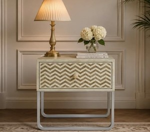 Artistic Handmade Bone Inlay Nightstand With Drawer <b>End</b> <b>Table</b> With Metal Base Decorative <b>Storage</b> Cabinet for Luxury Interiors - Product Image 5