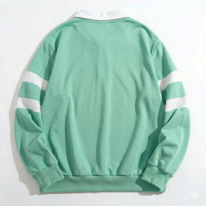 เสื้อโปโลถักแบบสั่งทำพิเศษสำหรับผู้ชาย สีเขียวมิ้นท์ คอปกสีขาว ลายทาง แขนยาว ผ้าฝ้ายระบายอากาศได้ดี ทรงโอเวอร์ไซส์ สไตล์สตรีทแวร์ - Product Image 1