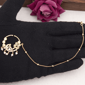 Anillo de Nariz Dorado para Novia con Perlas y Cadena Decorativa, Joyería Étnica para Mujer, Accesorio para Boda - Product Image 3