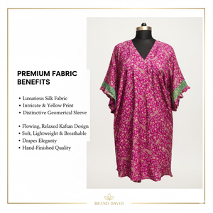 Caftán de Seda Floral Morado Premium con Cuello en V y Volantes en la Parte Inferior, Vestido de Noche de Alta Calidad Hecho a Mano, Obra Maestra en Seda - Product Image 2