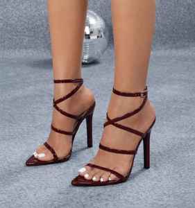 Escarpins à talons aiguilles rouge bordeaux à bout ouvert, talon de 10 cm, sandales à talons hauts en synthétique uni - Product Image 3